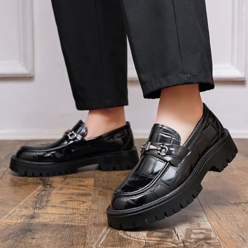 Image of Mens Patent Leather Slip-On Platform Dress Horsebit Loafer Low Heels Round Toe Non-Slip Penny Shoes for Formal Business Wedding