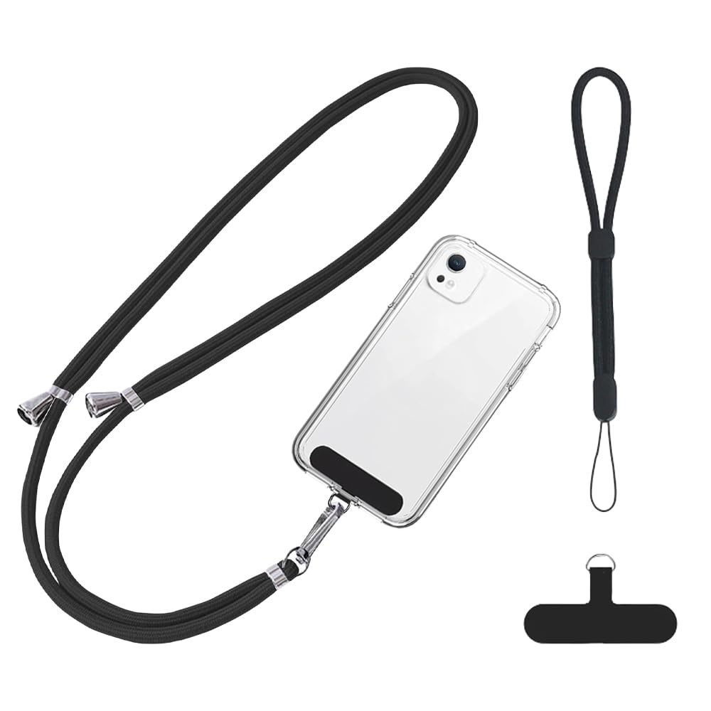 BowieMall Adjustable Nylon Lanyard - Universal Neck and Wrist Strap With 2pcs Tether Pads Compatible With Most Mobile Phones (Black, Not Includes Case)