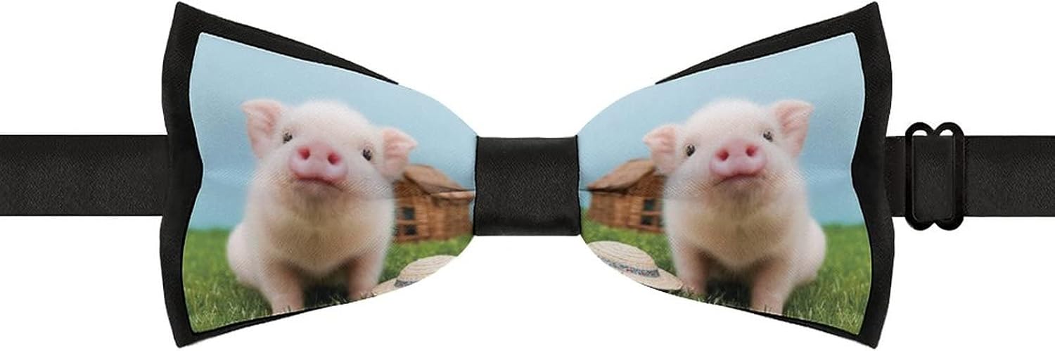 Cute Pig on Grass Men's Bow Tie Pre-Tied Adjustable Bowtie Necktie Design for Gift