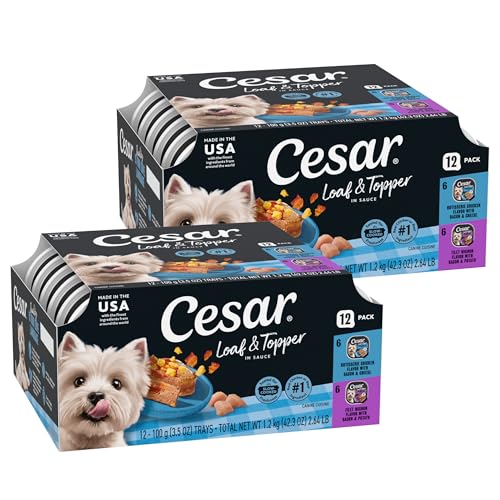 Image of Cesar Loaf & Topper Wet Dog Food, Chicken & Filet, 3.5 oz, 12 Count, 2-Pack | Real beef or chicken #1 ingredient, no fillers or added sugar, no artificial flavors, complete & balanced, easy peel trays
