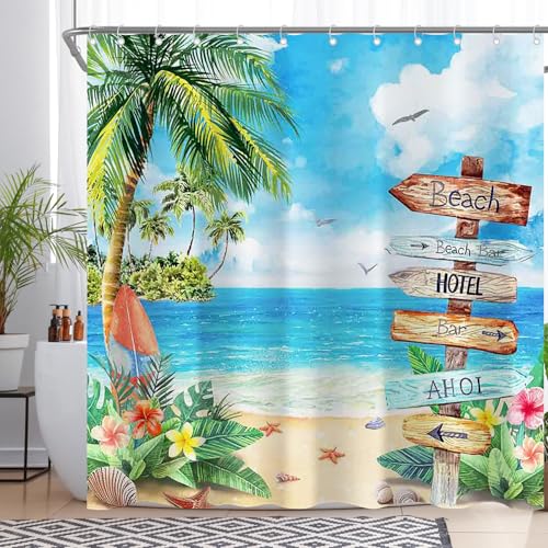 YCUCUEI Hawaiian Beach Curtain for Bathroom Aloha Luau Summer Tropica Palm Trees Seaside Signage Home Decorations Sets with 12 Hooks Waterproof Polyester 72