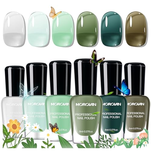 Jelly Green Nail Polish Set: Sheer Glass Fingernail Polish Kit Quick Air Dry 6 Colors Nail Polish Pack Milky White Regular Mini Finger Toe DIY Art Salon Gift for Women