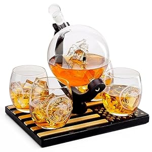 U.S. Marine Globe Whiskey Decanter Set with 4 Liquor Glasses – Marine Veteran Gift Set with Wood Base and 9 Whiskey Stones – Gifts for Men, U.S.A Flag – Bourbon and Scotch Military Gifts for Dad