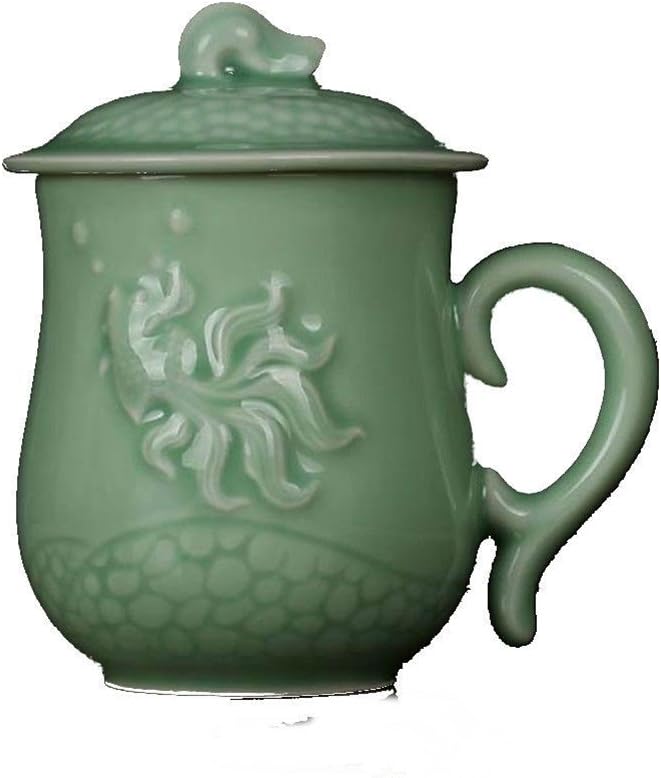 Celadon Pottery Porcelain Coffee Teacups 12oz Ceramic Mugs with Lid vivid fish
