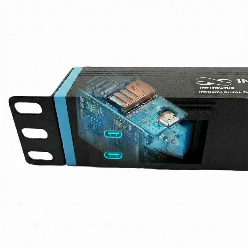 INSV1009USBC Infitronic - Ciabatta elettrica PDU, 19 pollici, 14 prese Schuko + 1 C13 (15 prese), USB-C, 1HE anteriore/posteriore, protezione da sovratensione, 3680 W/16 A, per armadio di rete, nero