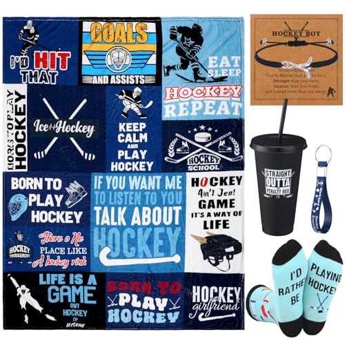 Newcotte 6 Pcs Ice Hockey Player Gifts Set Hockey Themed Gift Include Blanket Plastic Cups Socks Bracelet Motivational Keychains for Ice-Hockey Player Birthday Party Decorations