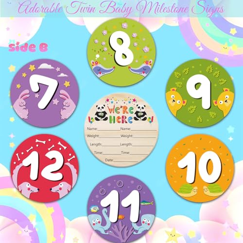 Image of 14 Designs Safari Twin Baby Monthly Milestone Cards Sign, 1-12 Months Wooden Photo Props for Twins, Gender-Neutral Twin Baby Shower Cards, Twins Memory Book Essentials (Twins Monthly Milestone)