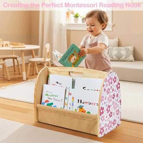 Image of Toddler Bookshelf Double-Sided with 4 Tier Deep Sleeves Kids Wooden Montessori Book Rack for Baby Nursery Room, Playroom, Classroom or Bedroom Bookcase Storage Organizer, Pink Flowers