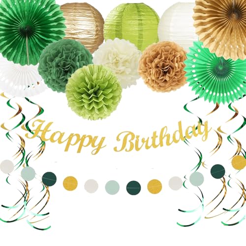 CAVETEE Happy Birthday Party Decoration for Women & Girls with Happy Birthday Banner,Tissue Paper Pompoms, Paper Tassel,Circle Garland,Hanging Garland Swirl (Green)