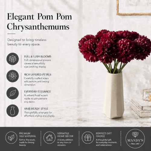 Image of Mandy's 12pcs Artificial Burgundy Ball Chrysanthemum Flowers