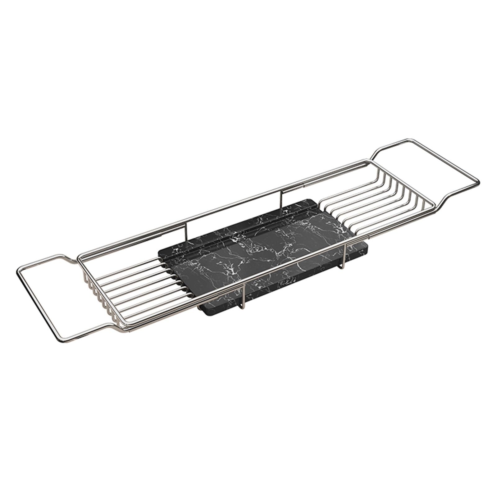 MYUYEE Premium Stainless Steel Adjustable Bathtub Tray With Black Marble Accent Perfect Housewarming Holiday Or Birthday Gift For Bath Lovers (Silver)