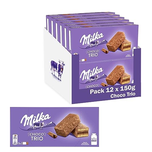Milka Choco Trio Bizcocho de Cacao y Cubierto con Chocolate con Leche de los Alpes 150 g, Pack de 12