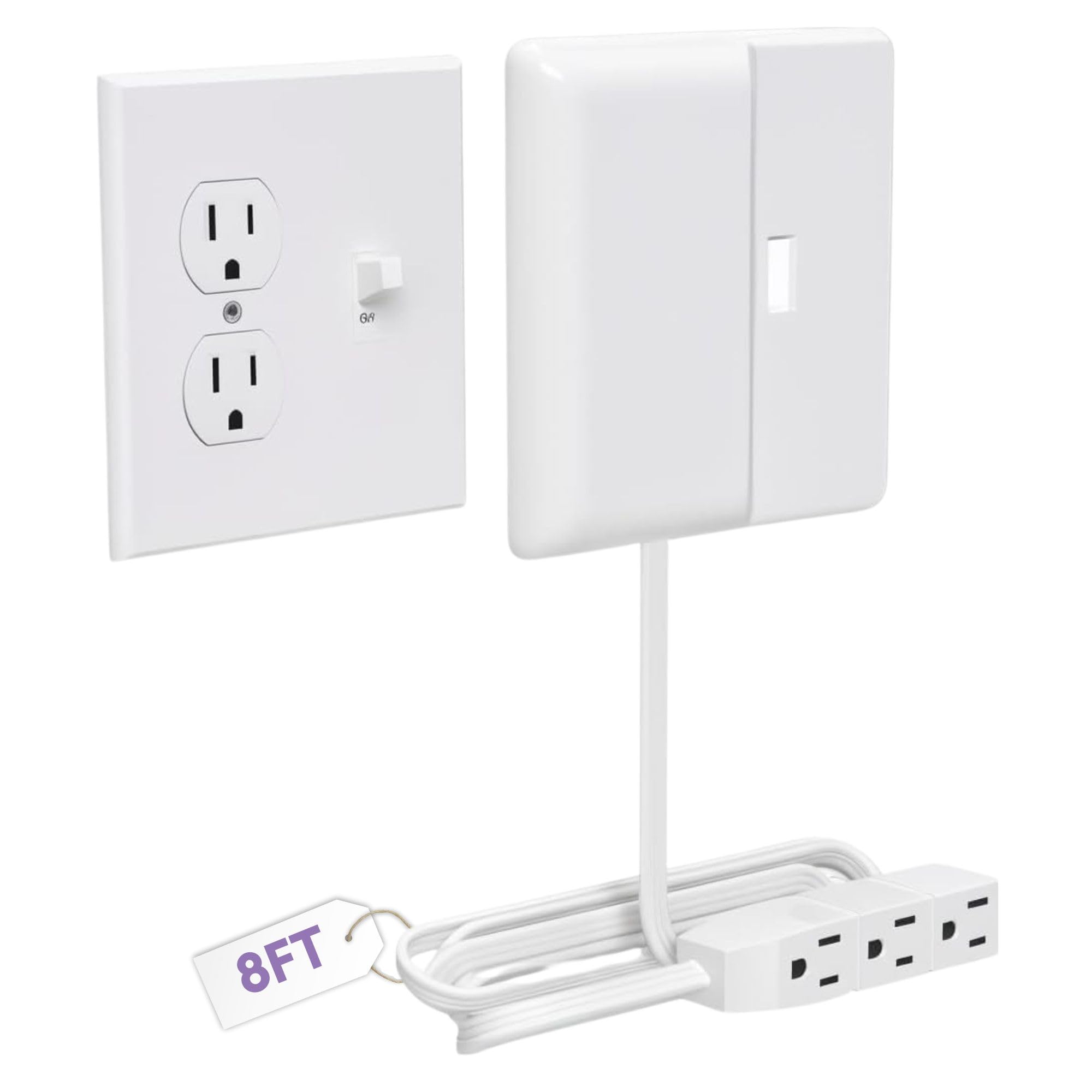 Sleek Socket Outlet & Plug Concealer for Wall Outlet with Cord Concealer Kit, 8-Foot Flat Extension Cord with Multiple Outlets Power Strip, Ideal for Home Offices