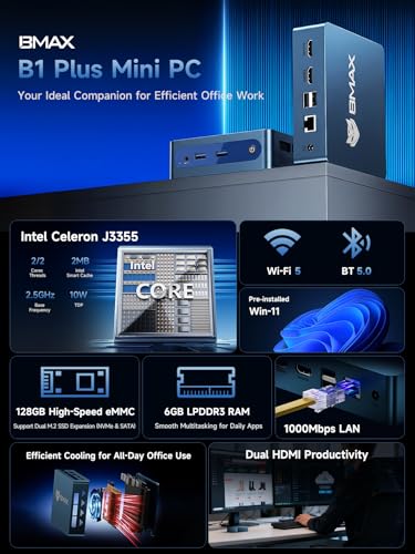 Image of Bmax Mini PC B1 Plus, Intel Celeron J3355 (Up to 2.5GHz), 6GB RAM 128GB eMMC Support M.2 SSD Expansion (512GB /2TB), 4K Dual Display 2.4G /5G WiFi & BT5.0 Mini Desktop Computer for Home /Office