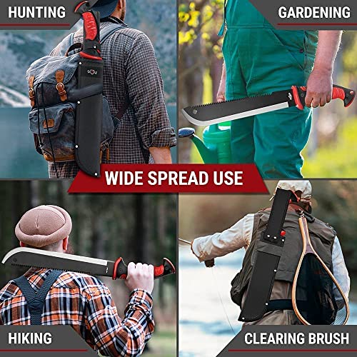 Bundle Of 2 Items - Serrated Blade Machete With Nylon Sheath - Saw Blade Machetes With Non-Slip Rubber Handle - 10 Inch Blade Machete With Hook - Gardening Bushcraft Camping Survival Machete #TOP7