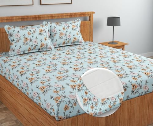 Image of la' amour Glace Cotton Elastic Fitted Bedsheets with 2 Pillow Covers Double Bed All Around Elastic Sheet Supersoft Size - 72 x 78 +10 inches, Sky Blue 180 tc - 200 tc