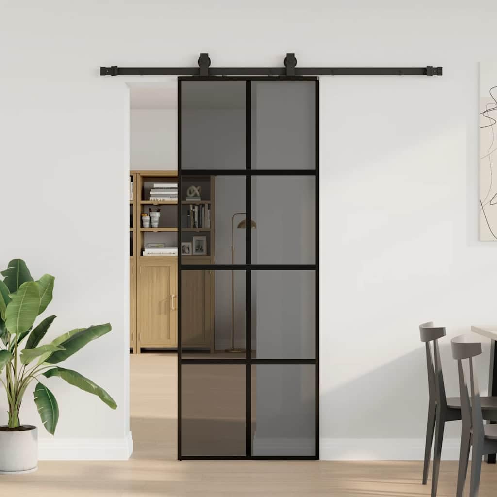 Kit porte coulissante en verre trempé noir 76x205 cm avec quincaillerie aluminium durable pour intérieur et extérieur, système silencieux, espace optimisé, facile à installer