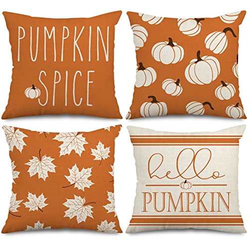 Anydesign Fall Pillow Covers Orange Pumpkin Maple Leaves Cushion Case Pumpkin Spice Hello Pumpkin Throw Pillow Case Farmhouse Decorative Cushion Cover For Harvest Thanksgiving, 18 X 18, 4Pcs #TOP15