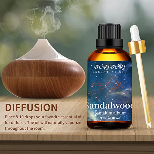Image of BURIBURI 100ML Sandalwood Essential Oil, 100% Pure Undiluted Aromatherapy Sandalwood Oil 3.38fl.oz for Soap, Candle Making, Massage, Diffuser, Humidifier