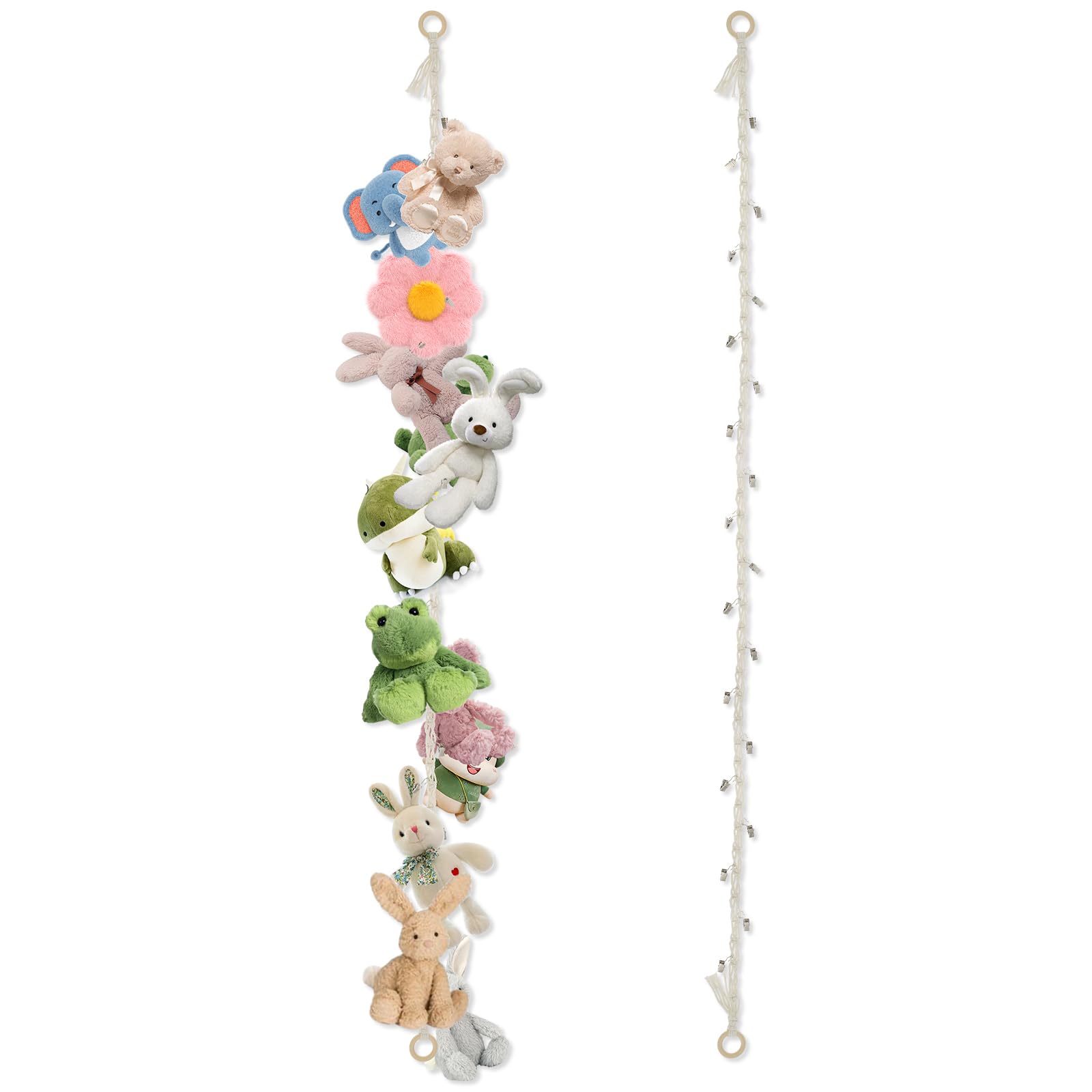 LuLobtg 2pcs Toy Chain with 40 Clips 89" Stuffed Animal Chain Holder Macrame Hanging Plush Toy Organizer Toy Hammock for Bedroom Hats Toys Dolls Wall Display