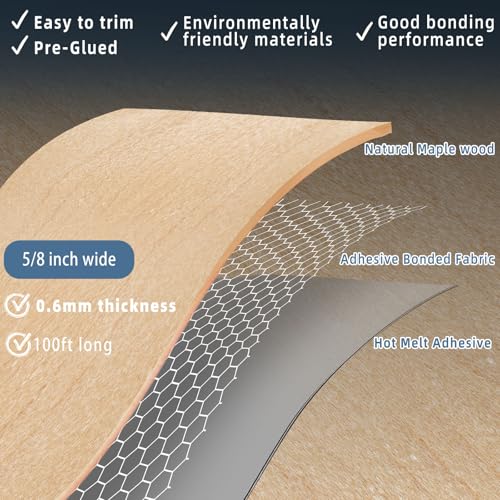 Image of Maple Edge Banding, 5 /8 inch x 100ft roll of Veneer Edge Banding, Pre-glued Flexible Real Wood Tape Banding for Cabinet Repair Furniture Restoration