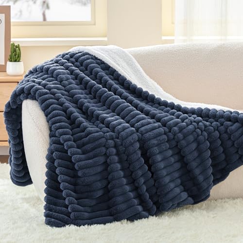 INFIIXSO Sherpa Throw Blanket for Couch – Super Soft & Warm Striped Fleece Blanket, Cozy Plush Fluffy Blanket All Season Use (Navy Blue, 50×60 Inches)