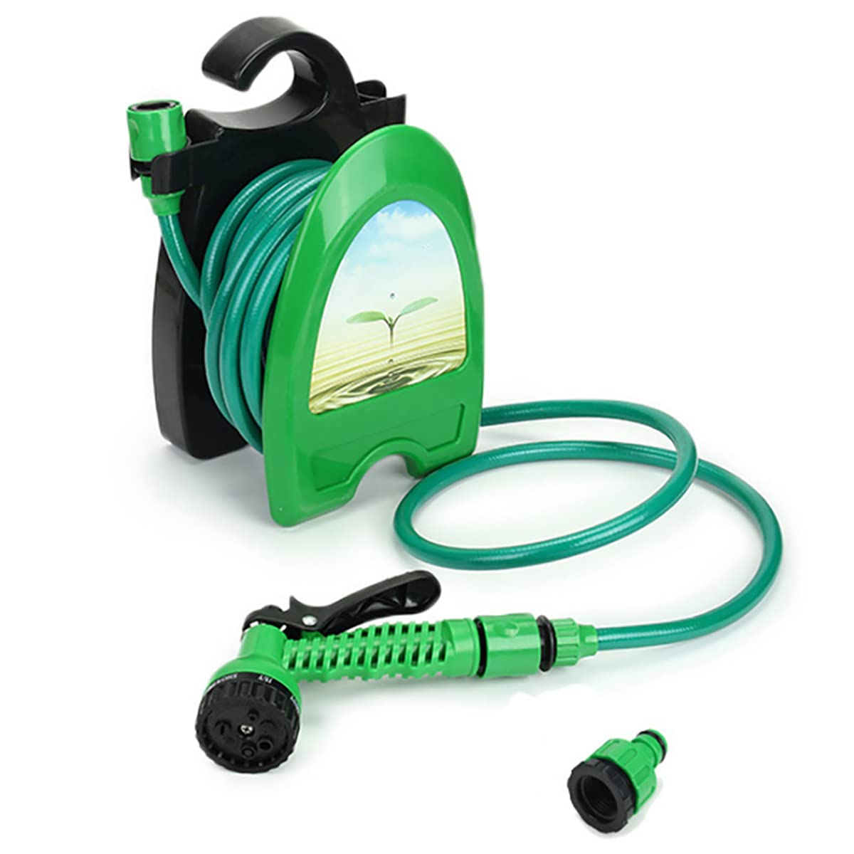 Linzi Green Garden Water Hose Reel 10M 33Ft With 7 Adjustable Patterns Water Spray Gun Nozzle And Faucet Connectors For Gardening Irrigation, Car Washing, Household Cleaning