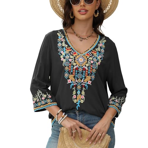 AK Women's Embroidered Tops 3/4 Sleeve Traditional Mexican Shirts for