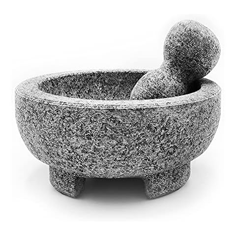 Granite Mortar and Pestle Set Guacamole Bowl Molcajete 8 Inch - Natural Stone Grinder for Spices, Seasonings, Pastes, Pestos and Guacamole - Extra Bonus Avocado Tool Included Cover