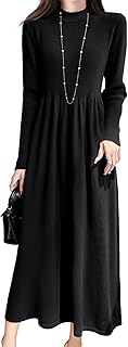 [Yino] ロングワンピース レディース ニット ワンピース ミモレ 長袖 フレア ハイウエスト スリム 伸縮性 着痩せ 体型カバー 暖かい 可愛い おしゃれ 普段着 カジュアル オフィス 通勤 秋 冬
