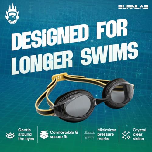 Image of BURNLAB Swimming Goggles for Everyday Pool Use, Clear Vision Lens, Easy Adjustable Strap, Unisex Adult (Black and orange)