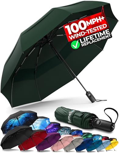 Image of TUMELLA Strongest Windproof Travel Umbrella (Compact, 100MPH Wind-Tested), Light, Portable, One-Handed Use, Automatic Folding Rain Umbrella, Durable, Premium Grip, Fits Car & Backpack