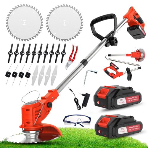 OUTIGO Cortacésped de batería inalámbrico, on 4 Tipos de Accesorios de Corte, 2 baterías de 21V, Plegable y Regulable, jardín y terraza.