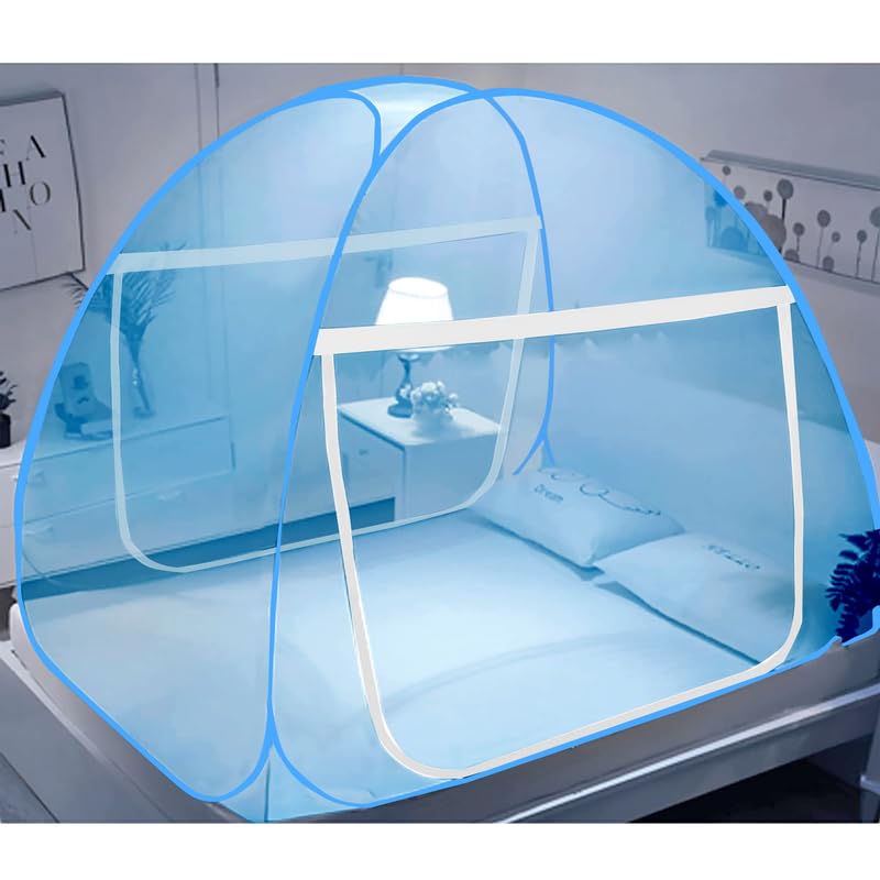 Image of AETRIUS Foldable King Size Mosquito Net | Double Bed Machardani | Durable 30 GSM Polyester Fabric Net Double2 Bed (Full Blue) 8