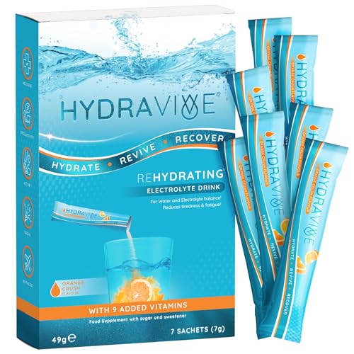 Hydravive Rehydration Electrolytes Powder - High Strength Vitamin C and All 8 B Vitamins: B1 B3 B5 B12 Supplement Sachet Drink - Effervescent Electrolyte Hydration Tablets - 7 Pack Orange