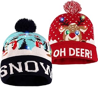 JOKBEN 2PCS LED Christmas Hats, LED Light Up Christmas Hat, Light Up Knitted Santa Hat, Light Up Xmas Hat - Christmas Hats New Year Party Hats for Kids, Adults