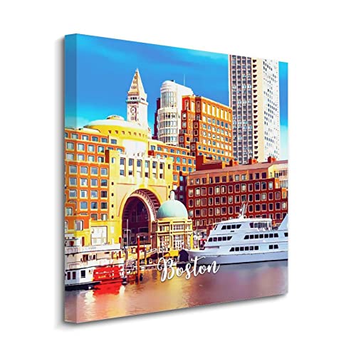 Tableau Boston 40x40 cm Yelolyio peinture encadrée pour salon