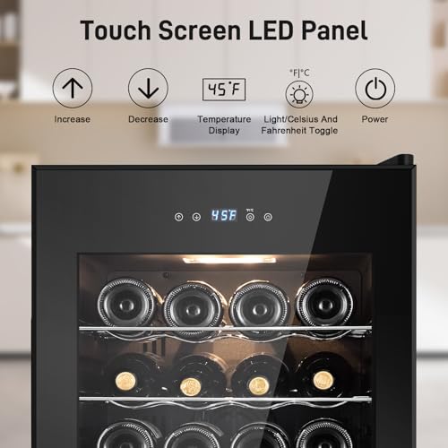 Image of Tylza 24 Bottles Wine Fridge, Wine Cellar with Powerful Compressor, LED Touchscreen, Low-E Tempered Glass Door, Lock, Wine Cooler Refrigerator for Red, White, Champagne or Sparkling Wine, Black