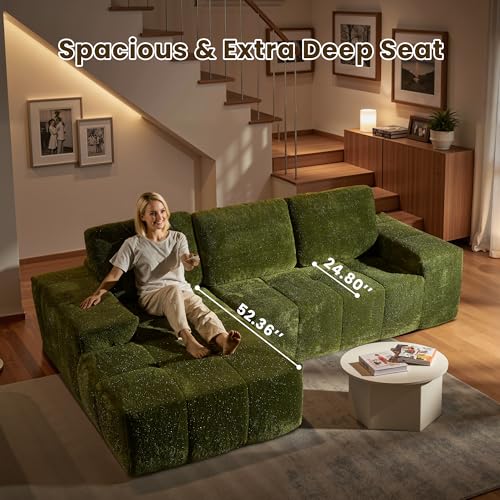 Image of 114 inch Glitter Cloud Sectional Couch with L-Shape Chaise, Modern Boneless Couches for Living Room, Fluffy Tufted Deep Seat Modular Sofa in a Box No Assembly