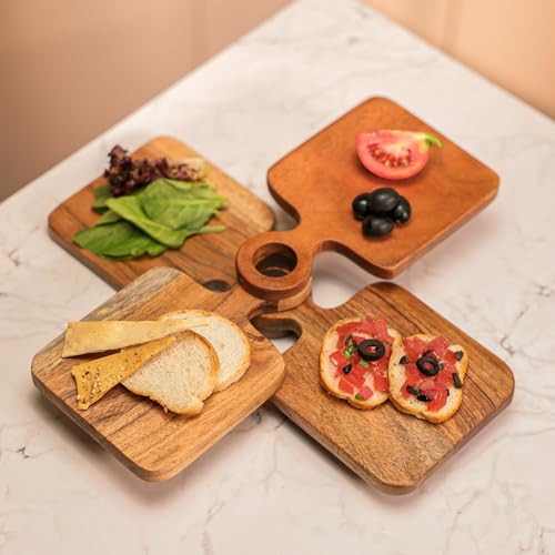 Image of River | Loop Acacia Wood Serving Board Set of 4| 7.5x5x2.25 Inch | Food Safe Rectangular Cheese & Dessert Serving Platter for Cupcakes, Pastries, Donuts, Fruits, Snacks | Brown