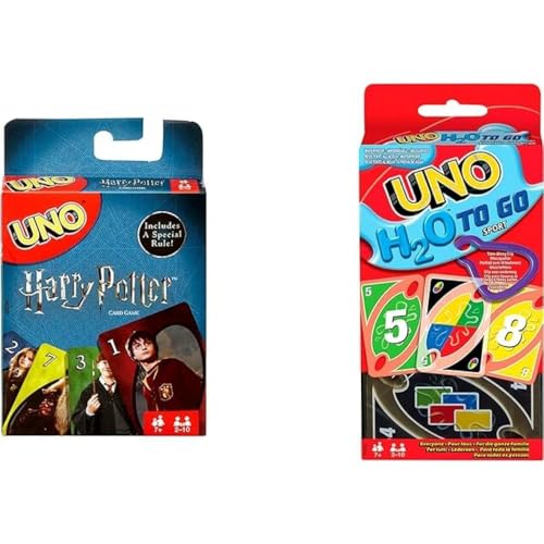 Mattel Games - Pack 2 Juegos de Mesa - UNO H20 to GO (P1703) + UNO Harry Potter (FNC42). Juego de Cartas Resistente al Agua. Harry Potter Collectors Deck of 112 Cards with Hogwarts Character Images.
