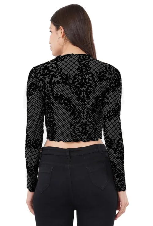 Image of ICW Women Long-Sleeves Round Neck Net Printed Transparent Mesh Sheer Crop Top T-Shirt DN38(Mix Print)
