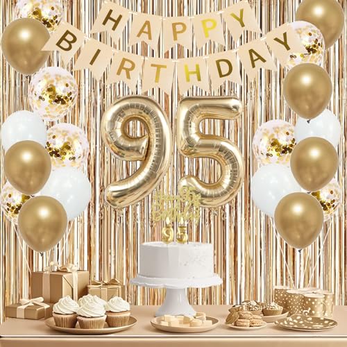 Image of Trgowaul 95th Birthday Decorations for Women, Banner, Sash and Crown, Cake Topper, 95 Number Balloon, Fringe Curtains, Champagne Gold 95th Birthday Party Supplies