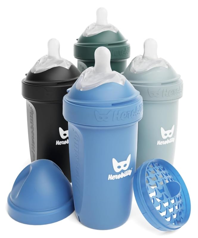 Image of Herobility Anti-Colic Baby Bottles 8.5 fl oz/240ml - Pack of 4 Plastic Baby Bottles, Slow Flow Plastic Bottles, Breast-Shaped Teat for Breastfed Babies - Multicolor - Denim, Black, Dusky Green, Gray