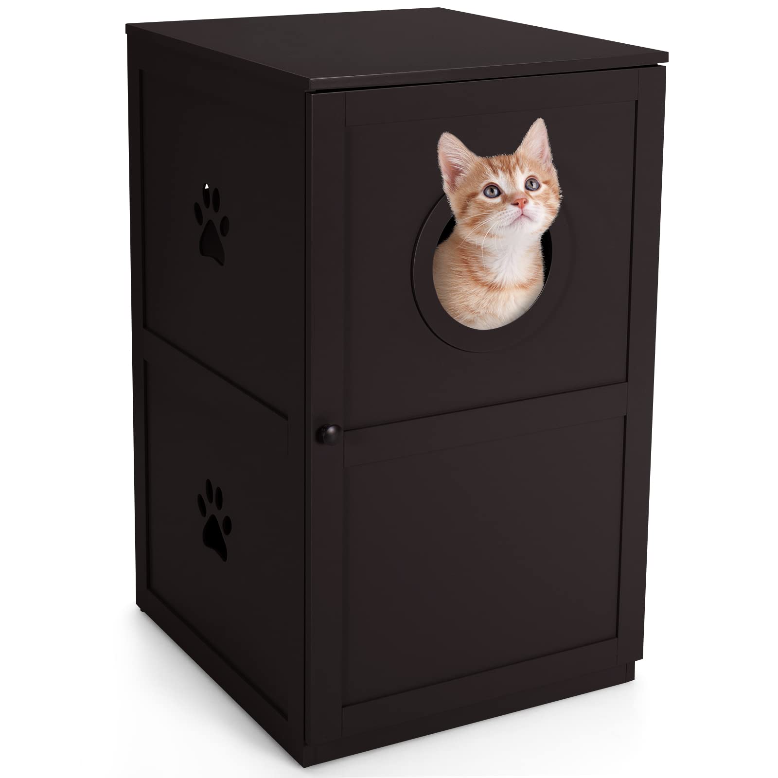 GYMAX Wooden Cat Litter Box Enclosure, 2-Tier Hidden Kitty House Toilet with Anti-Dumping Device, Door and Hole, Indoor End Table Storage Cabinet (Brown)