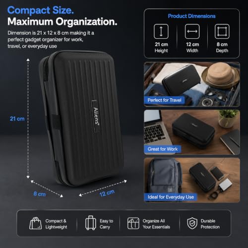Image of Aliens Travel Gadget Organiser Case Bag, Hardshell ABS Material, Shockproof, Water-Resistant Travel Storage Pouch for HDD /SSD, Gadget Organiser, Cable, Charger, Smartphone, airpods, Power Bank-Black