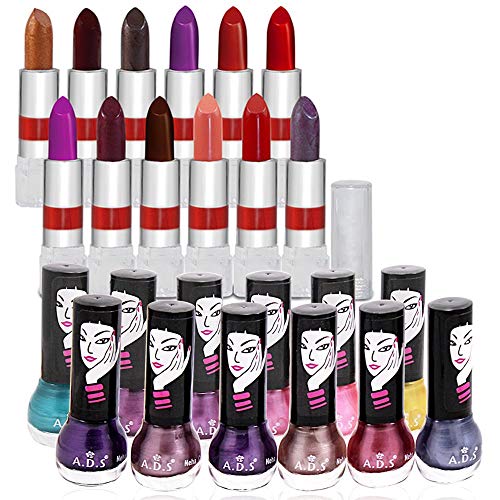 Adbeni Makeup Kit Girls Style Budget Beauty 12 Color Nail Polish & 12 Rich Color Lipstick Combo