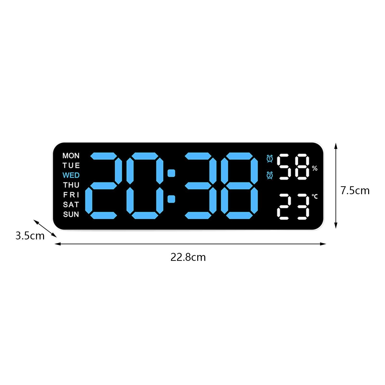 Orologio da Parete Digitale con Retroilluminazione Regolabile, Indicazione di Temperatura, umidità, Giorno/Data, Sveglia E Funzione Snooze, Luce Blu Bianca