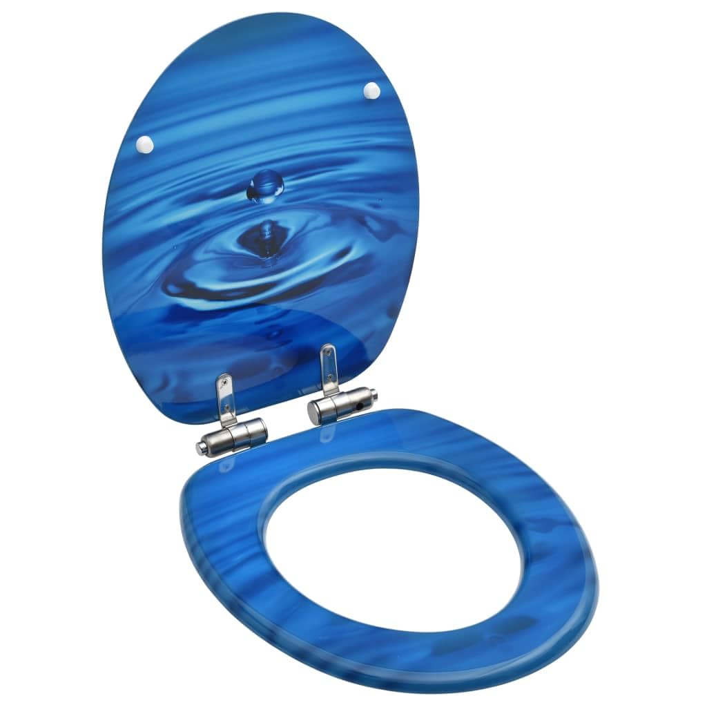 Sedile WC in MDF blu con funzione di abbassamento automatico e design a goccia d'acqua, robuste cerniere in zinco cromato regolabili da 12 a 20 cm, adatto per tutti i WC comuni