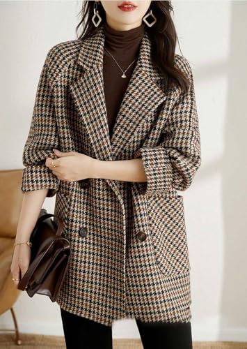 chouyatou Women's Winter Double Breasted Houndstooth Plaid Wool Pea Coat Notch Lapel Dressy Wool Trench Coat4